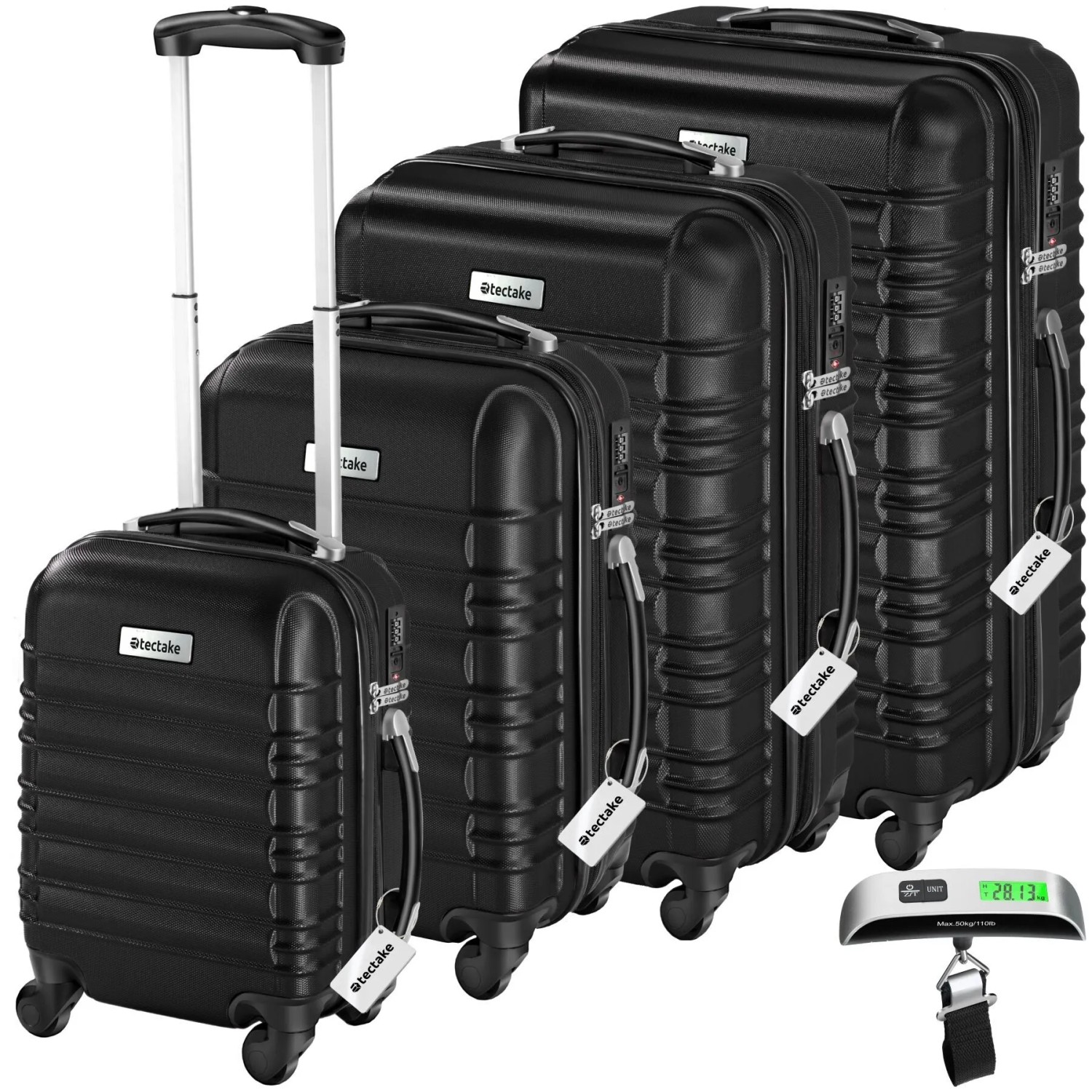 Tectake Hartschalenkoffer Set Mila 4 Teilig Aus Robustem Abs Kunststoff Inkl  Kofferwaage und  Anhänger  Mit Teleskopgriff  32 x 50 x 76 cm Schwarz