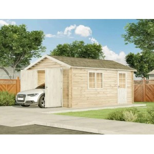 Holzgarage Alpholz A-70 Pinie, imprägniert, mit Doppeltür und Fenster. Fertiggarage für PKW.