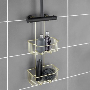 Wenko Thermostat-Dusch-Caddy Milo mit 2 goldenen Ablagen für Duschutensilien.