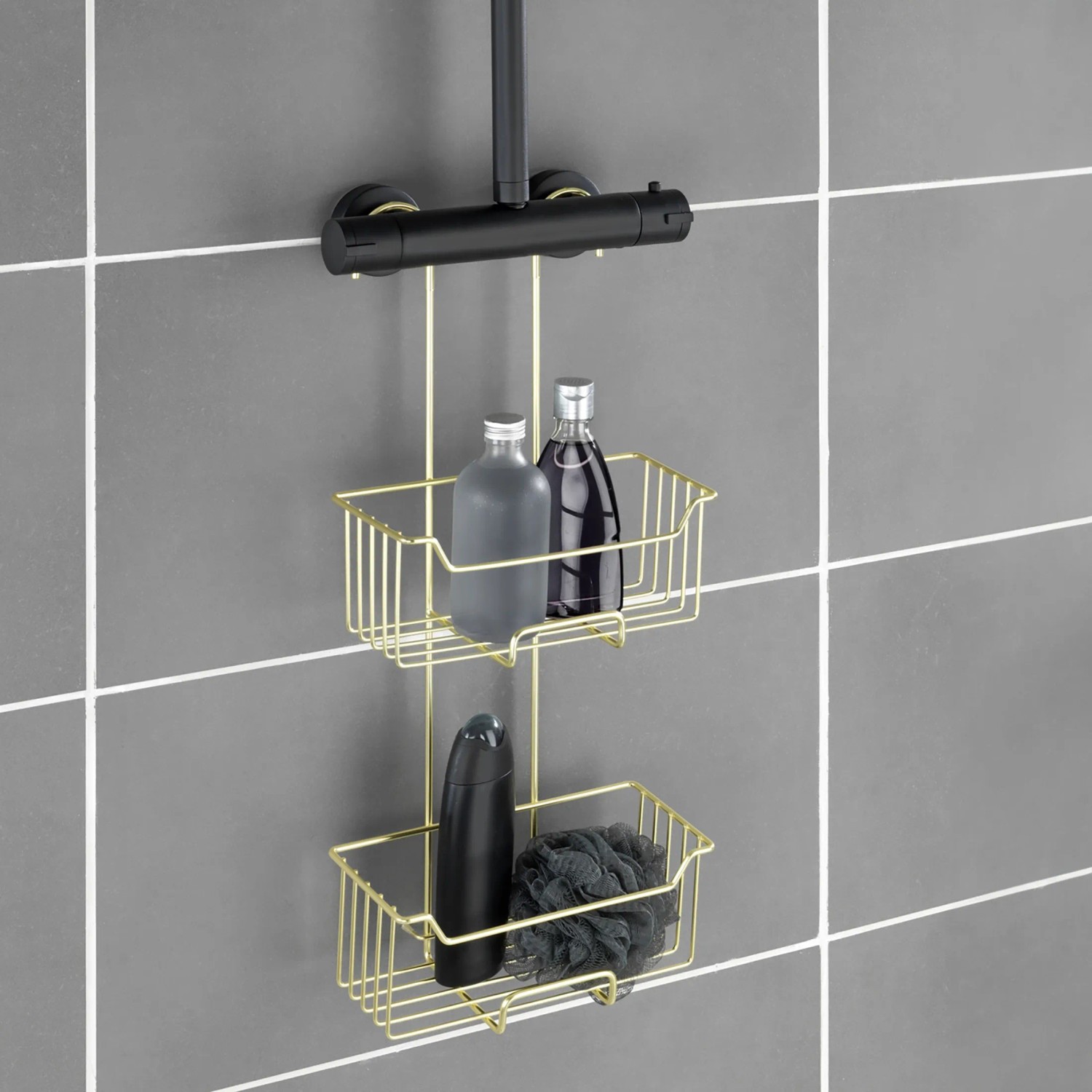 WENKO Caddy Milo, 2 ripiani, mensola doccia da appendere al rubinetto, ripiano in acciaio inox, 25 x 55 x 14 cm, colore nero