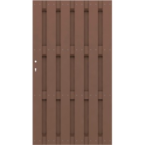 Braunes Sichtschutzzaun Tor Jumbo aus WPC, 98x179 cm, mit senkrechten Profilen und Beschlägen.