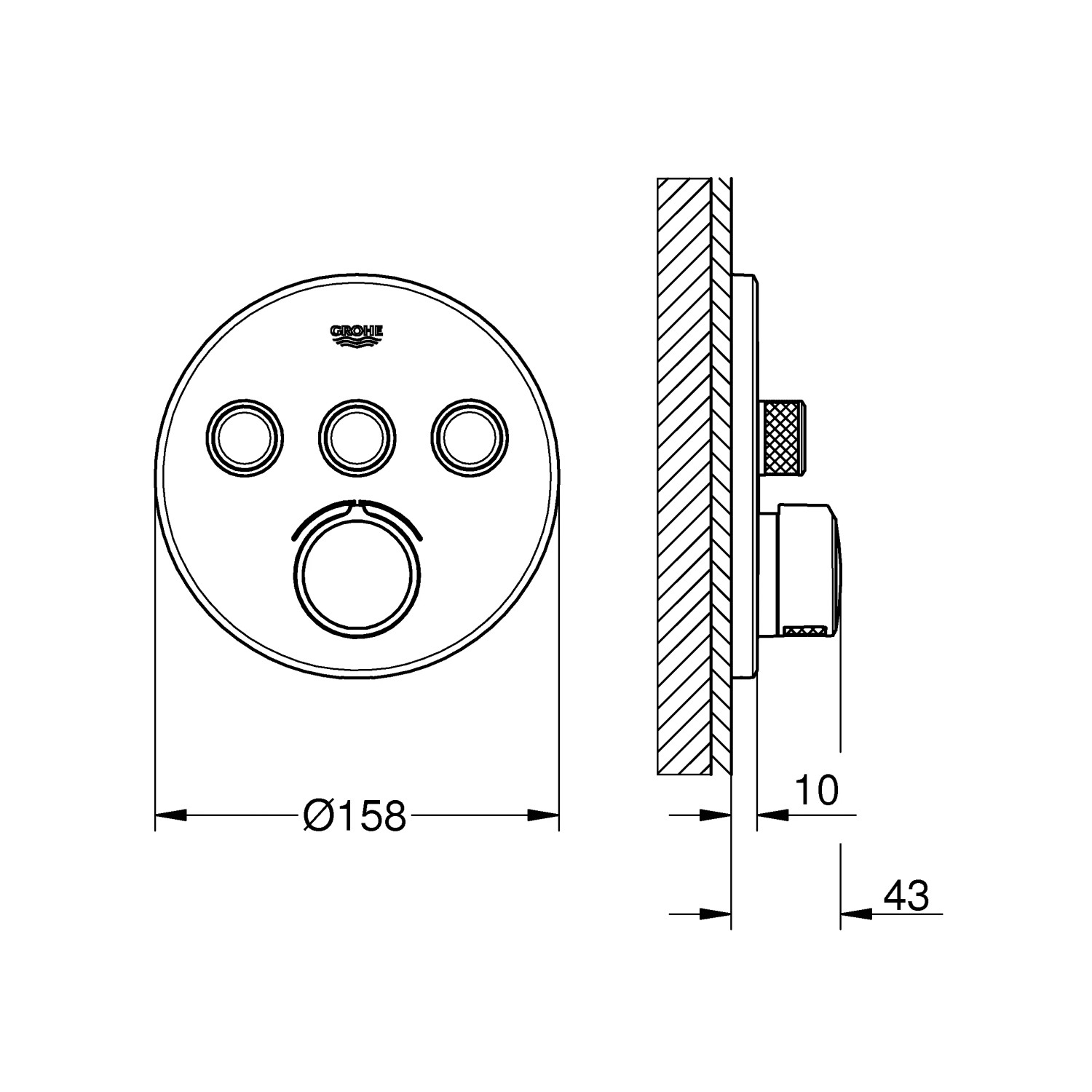 Technische Zeichnung: Grohe Unterputzmischer SmartControl, Chrom, runde Wandrosette, Maße.