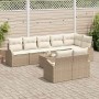 Beige-weißes 9-teiliges Garten-Sofa-Set aus Polyrattan mit Kissen.