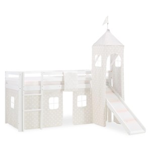 Weißes Homestyle4u Hochbett 90x200 mit Sternen-Vorhang, Rutsche, Turm und Leiter. Ideal als Abenteuerbett für Kinder.