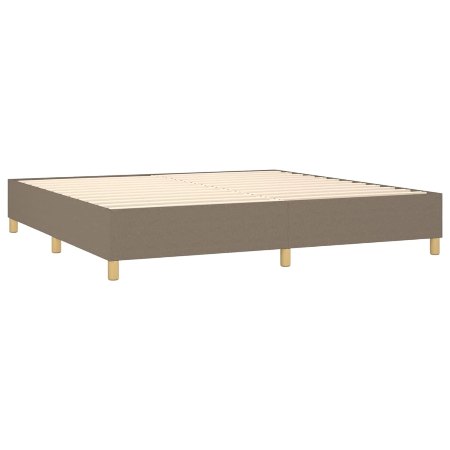Boxspringbett vidaXL, taupe, 200x200 cm. Stoffbezogener Bettrahmen mit Holzfüßen.