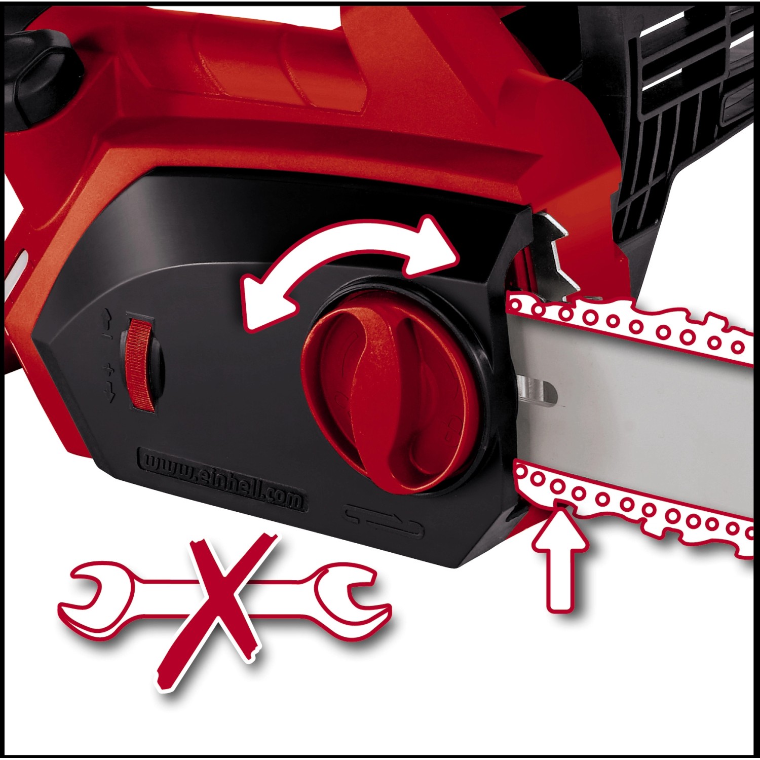 Detailaufnahme: Werkzeuglose Kettenspannung der Einhell Elektro-Kettensäge GH-EC 1835.