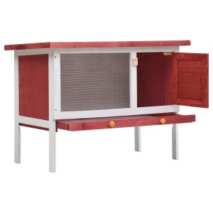 vidaXL Kaninchenstall, 1 Ebene, rot/weiß, Holz mit Gitter, offene Tür und Schublade.
