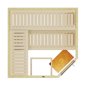Weka Element-Ecksauna Varberg 3 Sparset, Innenansicht mit Liegen und Ofen, kompakte Bauweise.