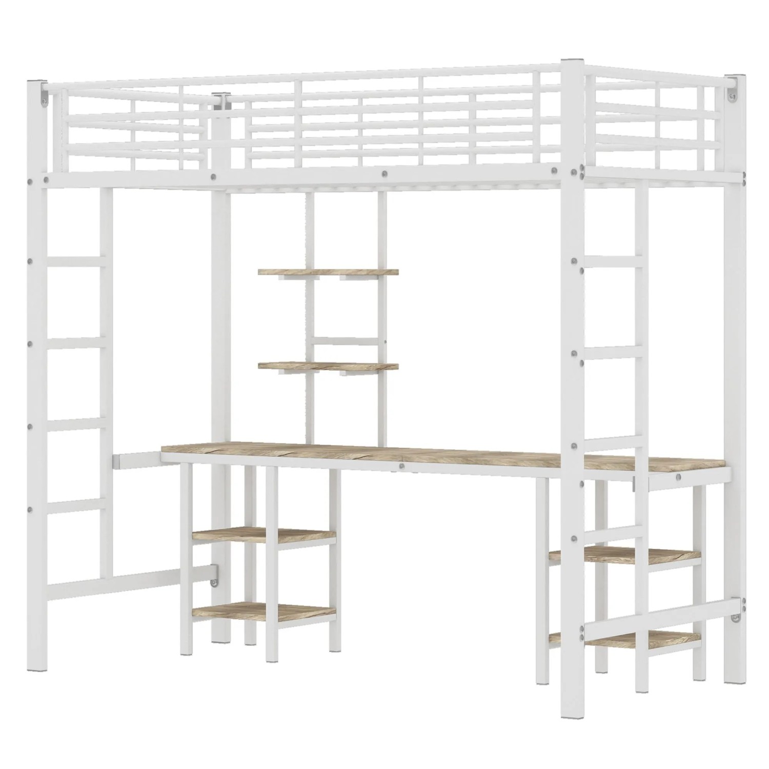 okwish Etagenbett 90×200 mit Tisch und Regalen mit Seitenleiter und Fallschutzgitter ohne Matratze