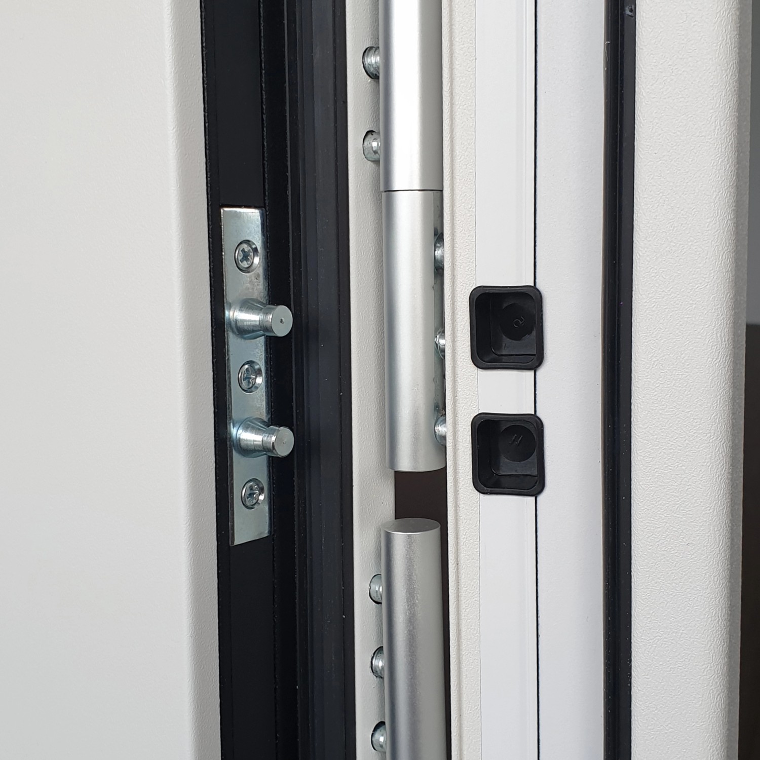 Detailansicht: Weiße Stahl-Nebeneingangstür NS1 mit Links-Anschlag und Mehrfachverriegelung.