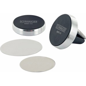 Schwaiger Magnethalterungs-Set in Schwarz für Handy-Zubehör, bestehend aus Halterung und Metallplatten.