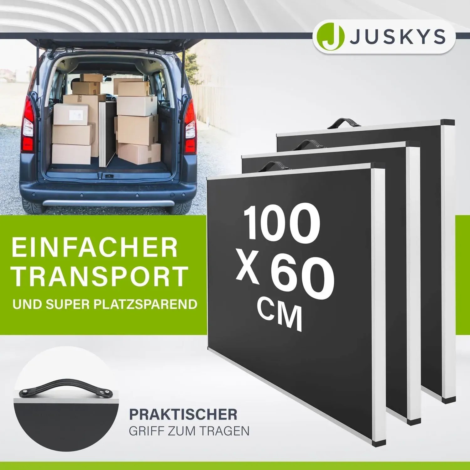 Juskys Multifunktionstisch 3er Set, klappbar und höhenverstellbar, im Kofferraum und mit Tragegriff.