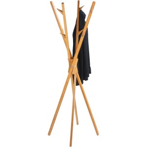 Wenko Mikado Stand-Garderobe aus Bambus mit acht Haken und einer Jacke.