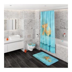 Badezimmer mit Sanilo Badewannenstöpsel Sea Star, passender Duschvorhang und Badematte mit Seestern-Motiv.