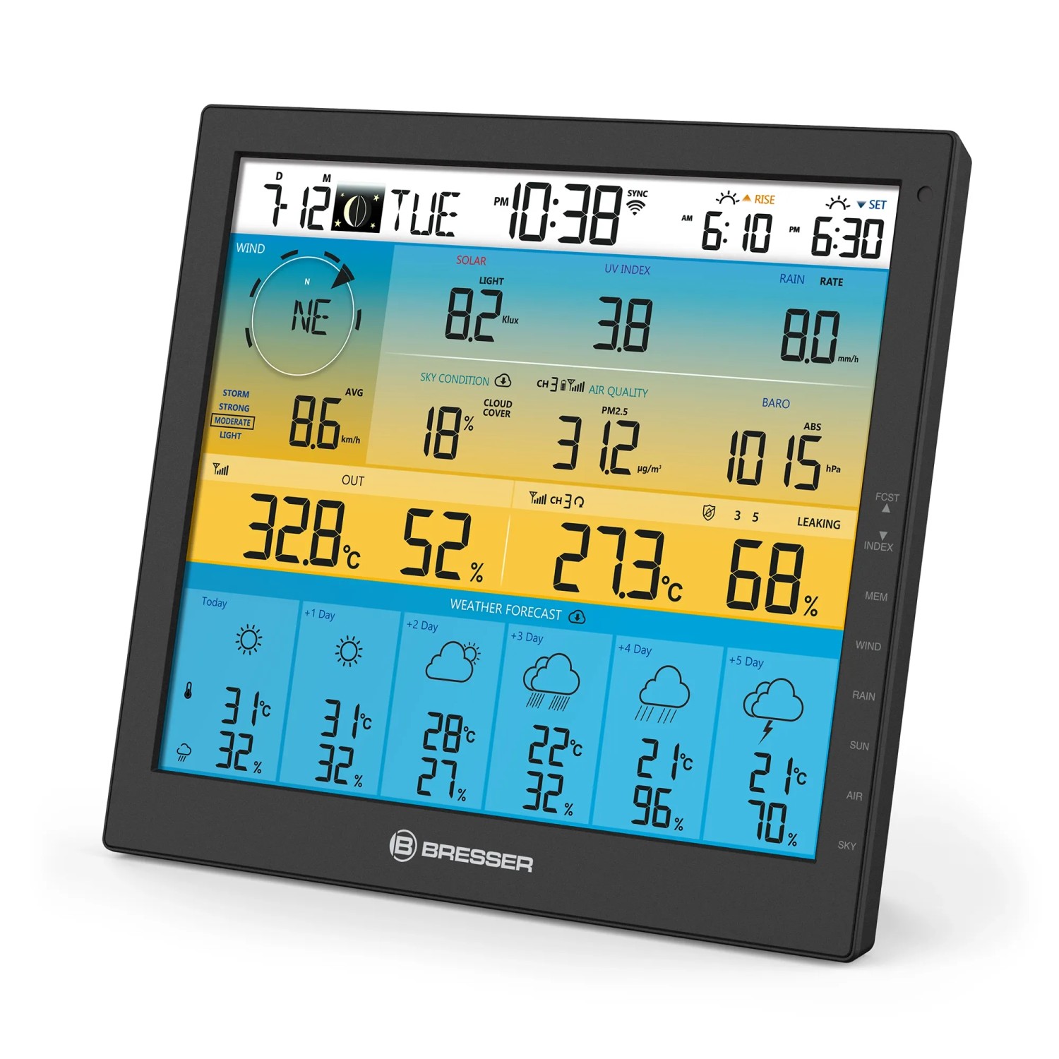 Schwarze Bresser Solar-WLAN-Wetterstation 4CAST PRO SF 7-in-1 mit Displayanzeige.