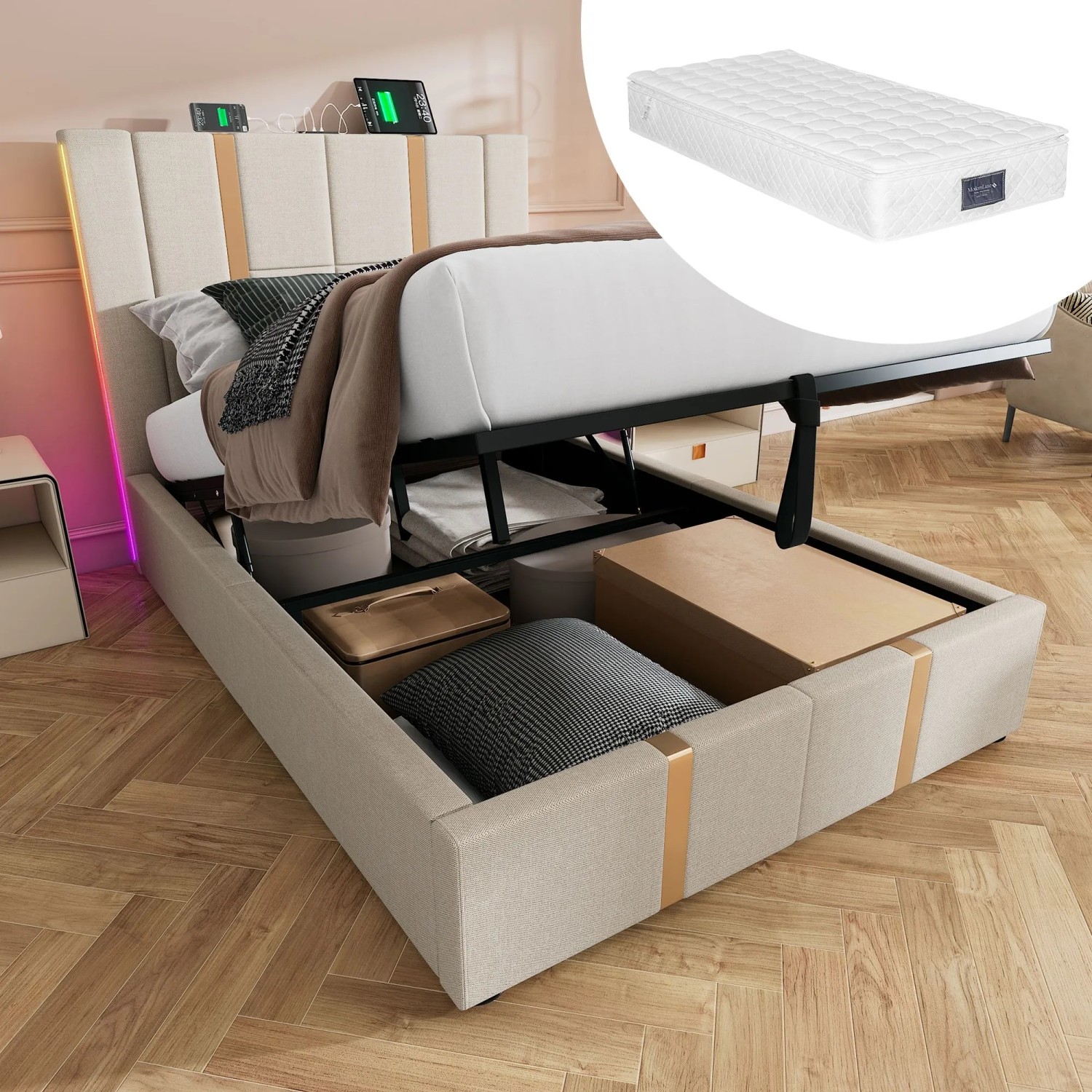 Merax Polsterbett 90x200cm LED USB-C App Beige Leinen