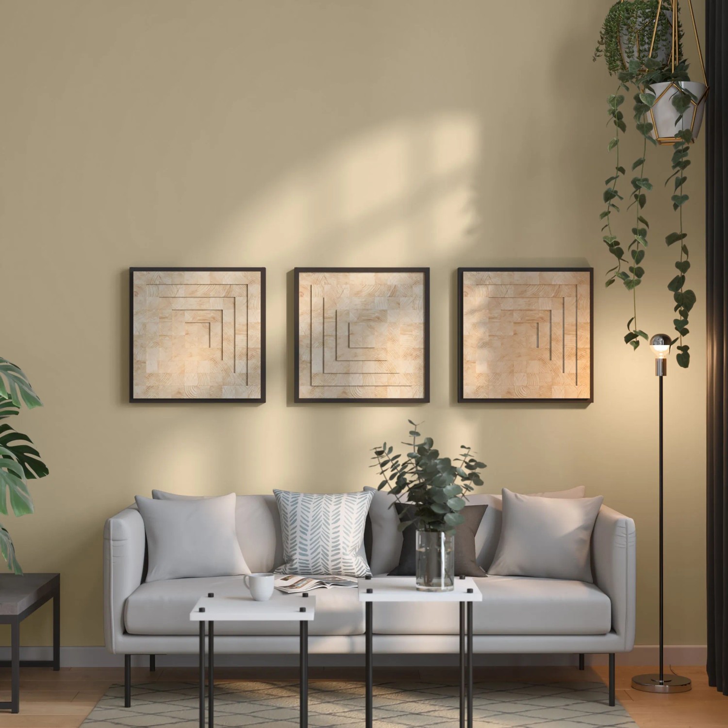 Wohnraum mit salbeibeiger Wandfarbe von CREATE! by OBI, matte Oberfläche.