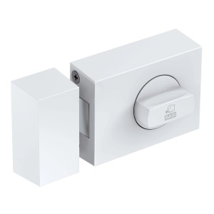 Weißes Basi Tür-Zusatzschloss KS 500 mit Drehknauf und eckiger Ausführung.