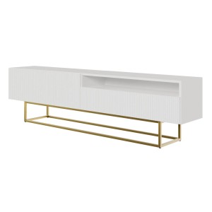 Selsey TV-Lowboard Veldio mit Lamellenfront und Offenem Fach 175 cm Weiß mit Goldenem Gestell