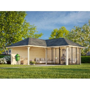Palmako Pavillon Bianca Set 212, 588x588 cm, lackiert weiß, mit Schiebetüren und überdachter Fläche.