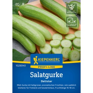 Kiepenkerl Salatgurke Delistar F1: Hellgrüne, knackige Gurken und Scheiben auf Holzbrett.