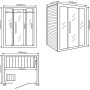 Skizze der traditionellen Sauna SKYLINE aus Tannenholz mit Maßen und Ansichten.