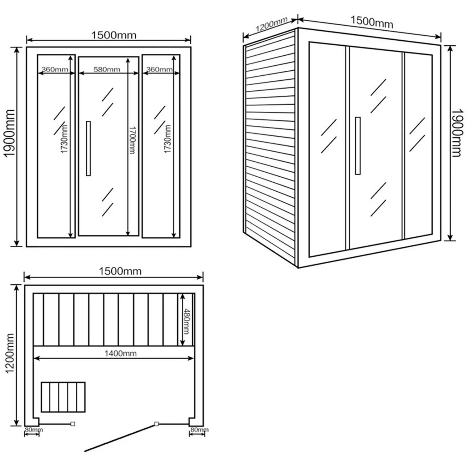 Skizze der traditionellen Sauna SKYLINE aus Tannenholz mit Maßen und Ansichten.