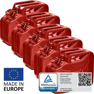 5 rote 10L Metall Kraftstoffkanister, TÜV-geprüft, für Benzin, Diesel & E10.