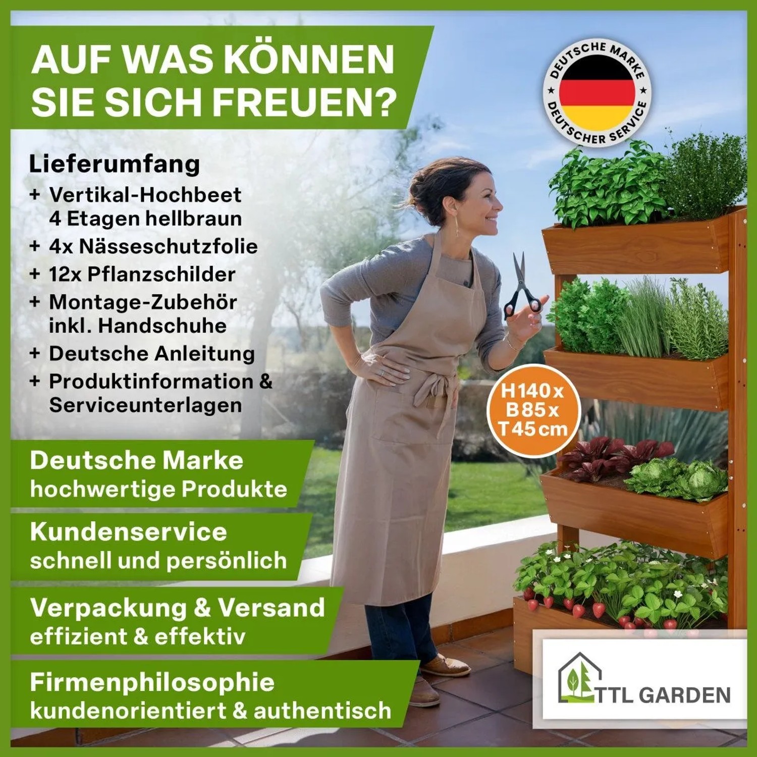 Braunes 4-Etagen Hochbeet aus Holz mit Bepflanzung für Balkon oder Terrasse.