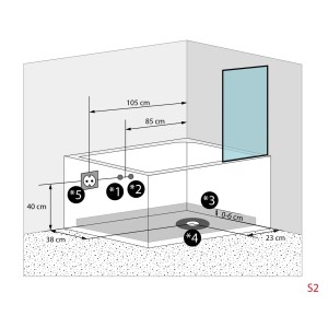 Skizze der AcquaVapore Seniorendusche mit Wanne S12D-EH-AIR-L-EC, zeigt Maße und Anschlüsse.