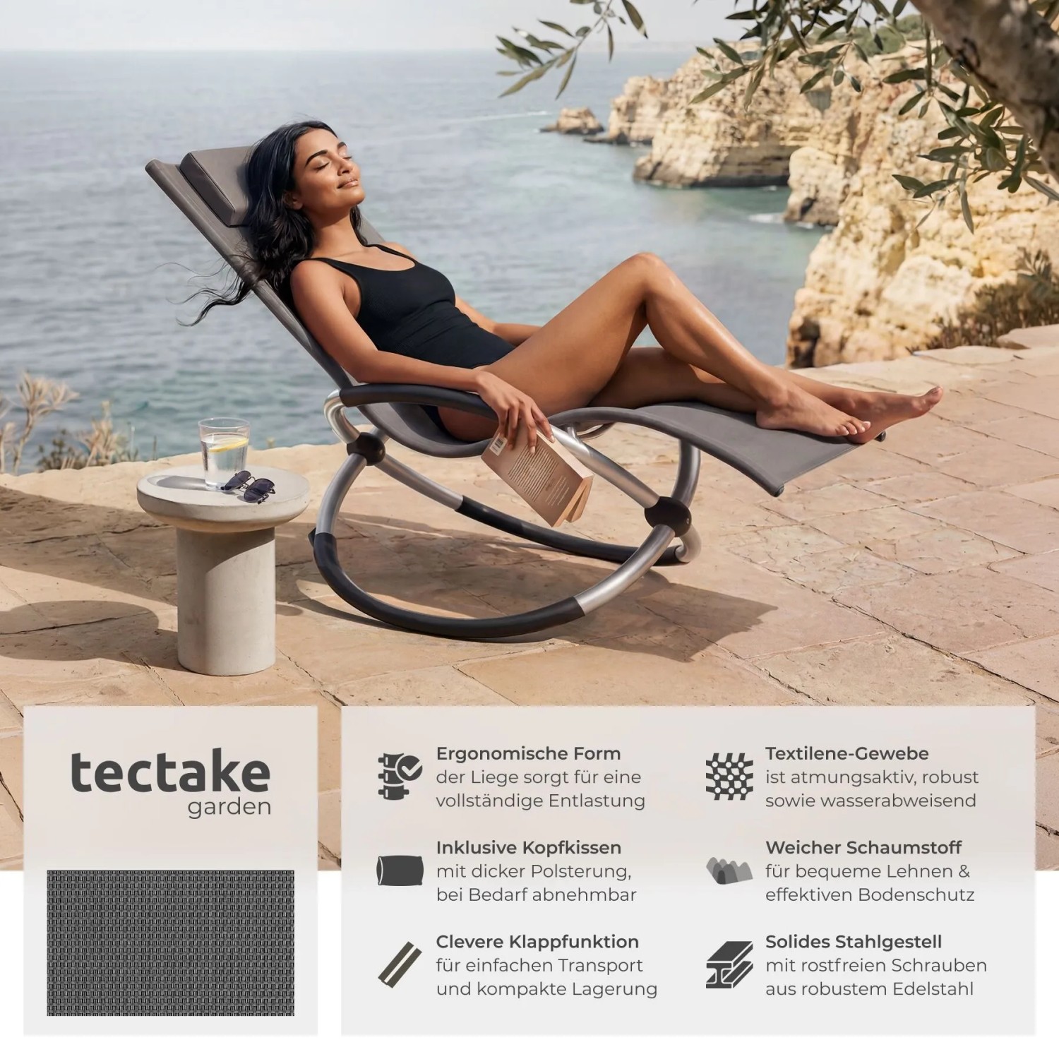Tectake Sonnenliege Paulina Mit Textilene Ergonomisch  Atmungsaktiv  Widerstandsfähig und Faltbar  150 x 73 x 93 cm Grau_2