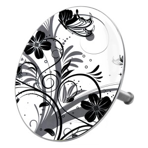 Sanilo Badewannenstöpsel mit schwarzem Blumen- und Schmetterlingsmuster.