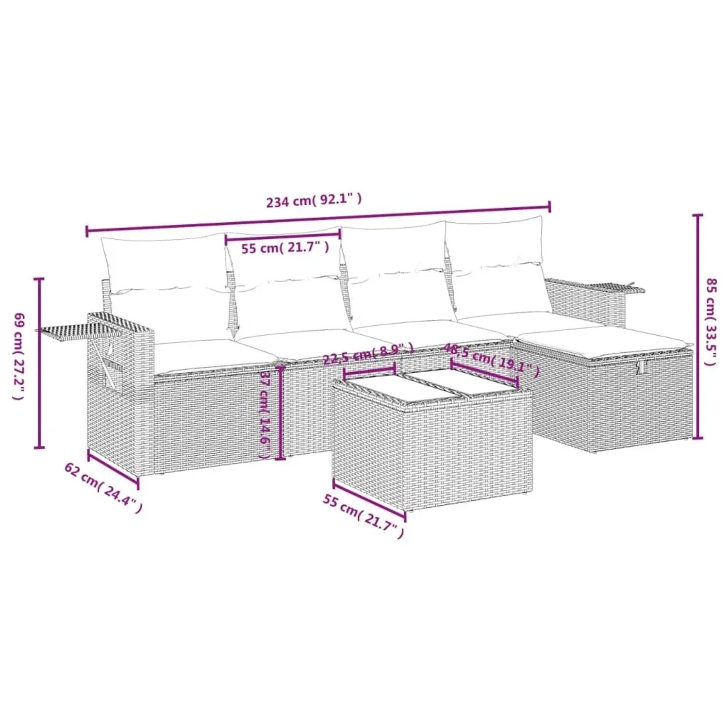 Graue 6-tlg. vidaXL Garten-Sofagarnitur aus Polyrattan mit Kissen. Gartenmöbel-Set mit Tisch und Hockern.