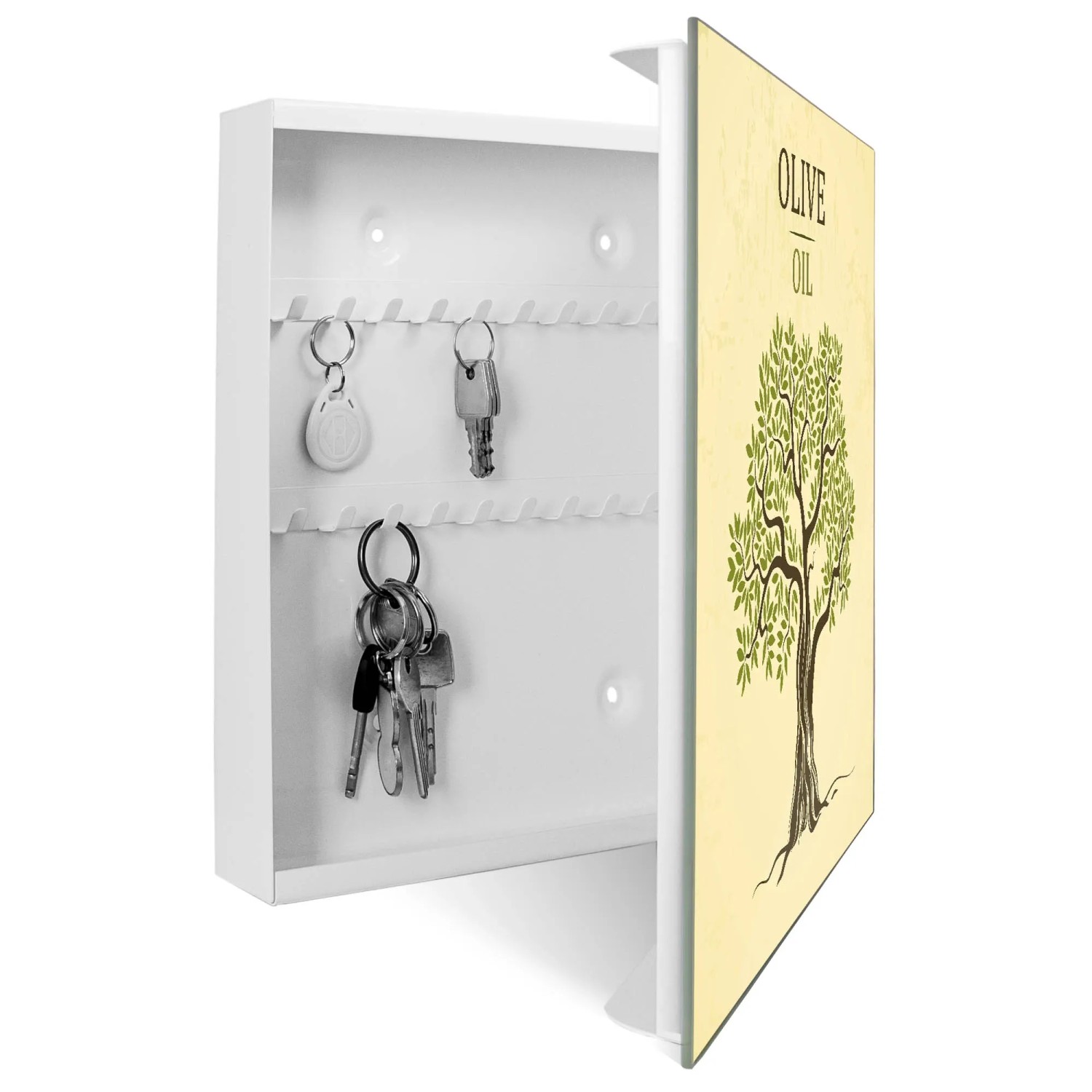 Weißer Banjado Schlüsselkasten mit Olivenbaum-Motiv, 50 Haken, beschreibbarer Glastür und Magnetfunktion.