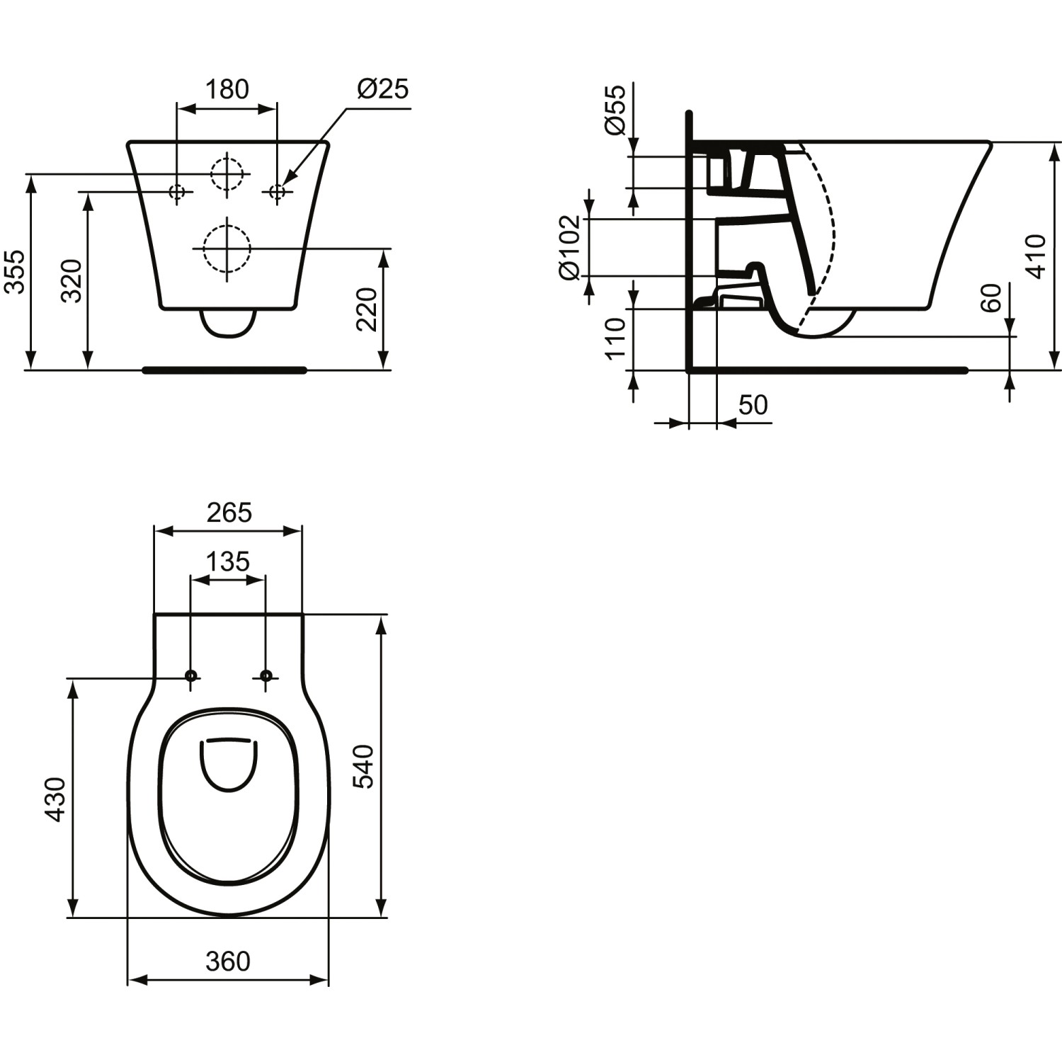 Technische Zeichnung Ideal Standard Connect Air Wand-WC, Tiefspüler, Schwarz, Maße