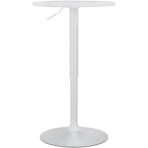 Weißer, runder Stehtisch mit höhenverstellbarer Säule. Moderner Bartisch mit Holzplatte und Stahlgestell.