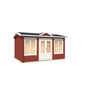Lasita Maja Gartenhaus Kensington, schwedenrot, mit weißen Fenstern und Doppeltür.