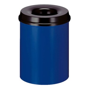Blauer PROREGAL Metall Papierkorb, selbstlöschend, mit schwarzem Deckel und 15 Liter Volumen.