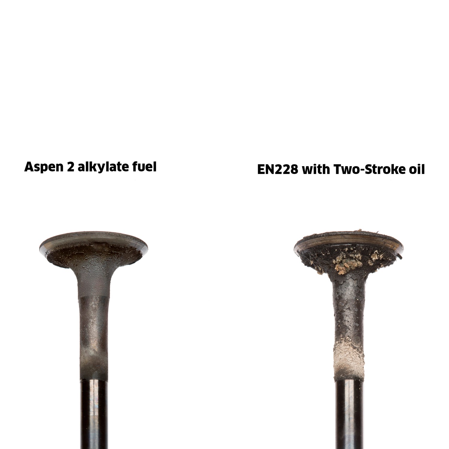 Vergleich: Saubere Verbrennung mit Aspen 2-Takt Gemisch vs. Ablagerungen mit Standardkraftstoff.