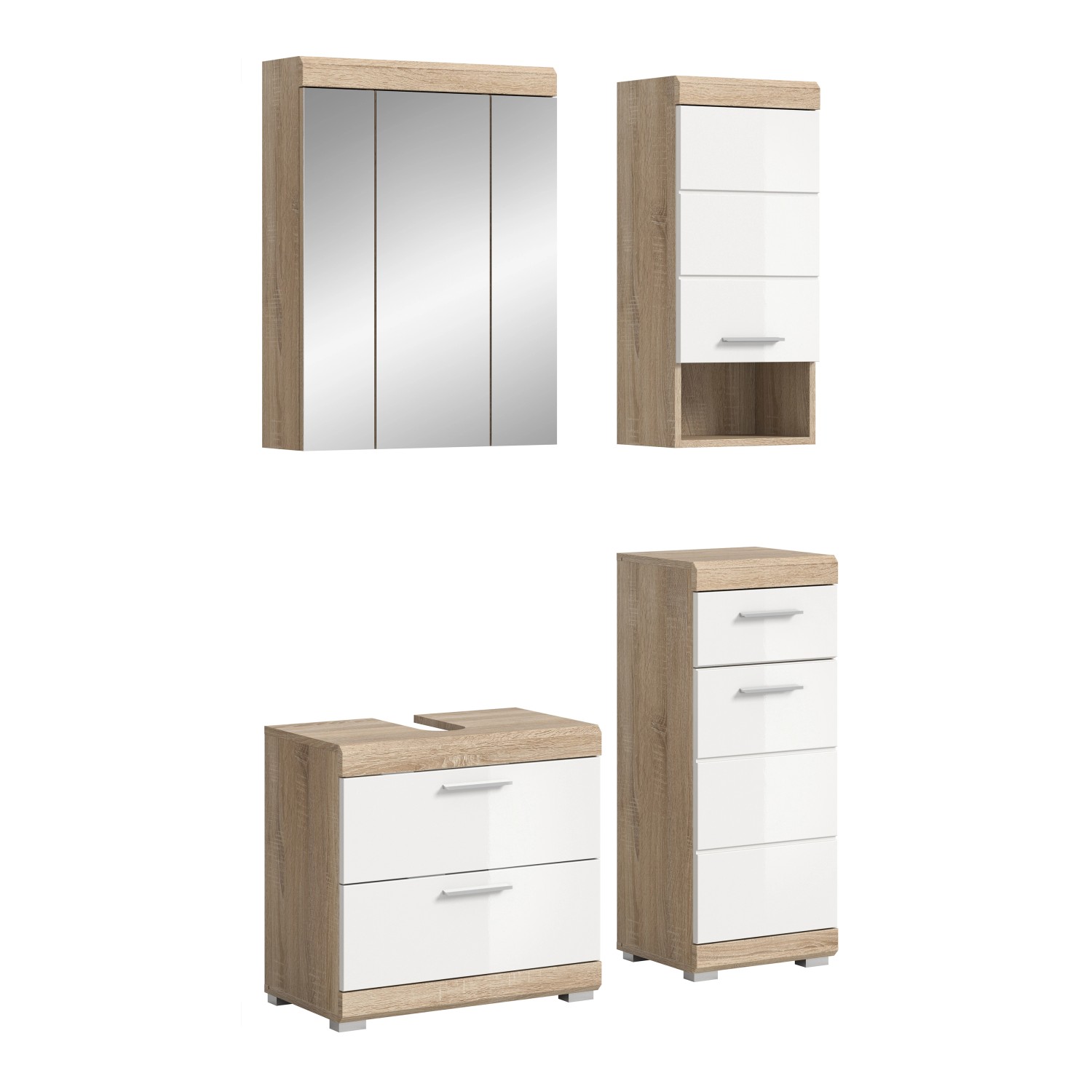 Thumbnail - Badkombi Lambada m. Spiegelschrank Eiche Hell/Weiß Hochglanz 112 cm 4-tlg.