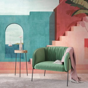 Fototapete Architektur in Blau, Rot, Rosa und Grau mit maritimen Elementen. PROFHOME Tapete.