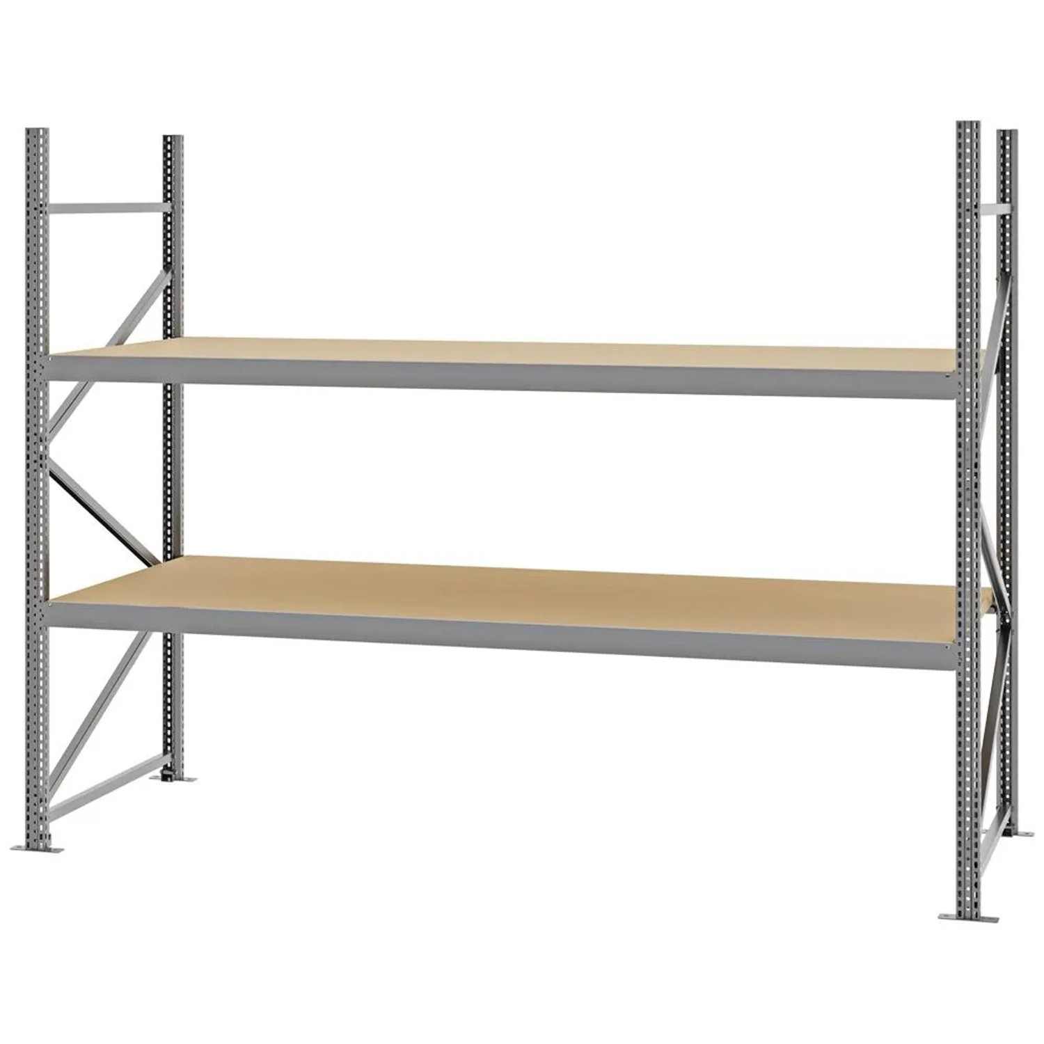 PROREGAL Weitspannregal Schraub-Stecksystem MAGNUS PRO Made In Germany Grundregal 200x250x100cm 2 Ebenen Spanplattenböden Fachlast 430kg Verzinkt