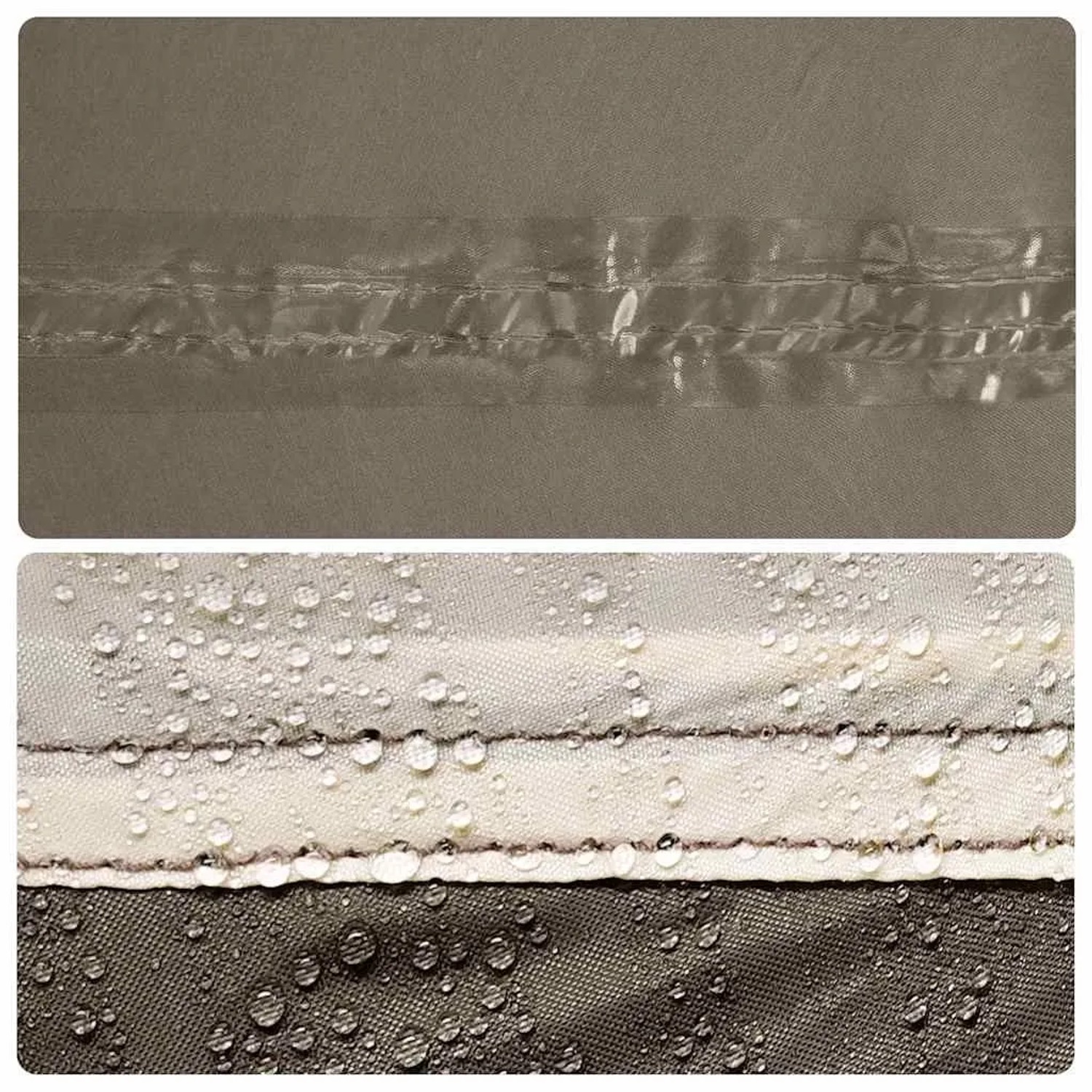 Detailaufnahme: Braunes Kuppelzelt (vidaXL) mit wasserabweisender Beschichtung und versiegelten Nähten.