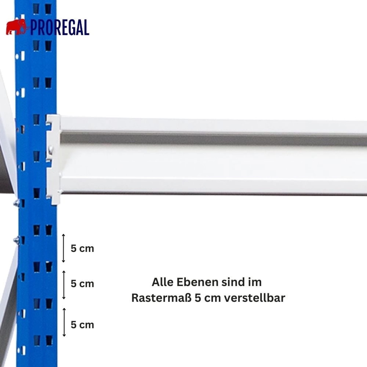 Detailaufnahme: PROREGAL Weitspannregal Maximus Pro, blaues Regal mit verstellbaren, weißen Regalböden.