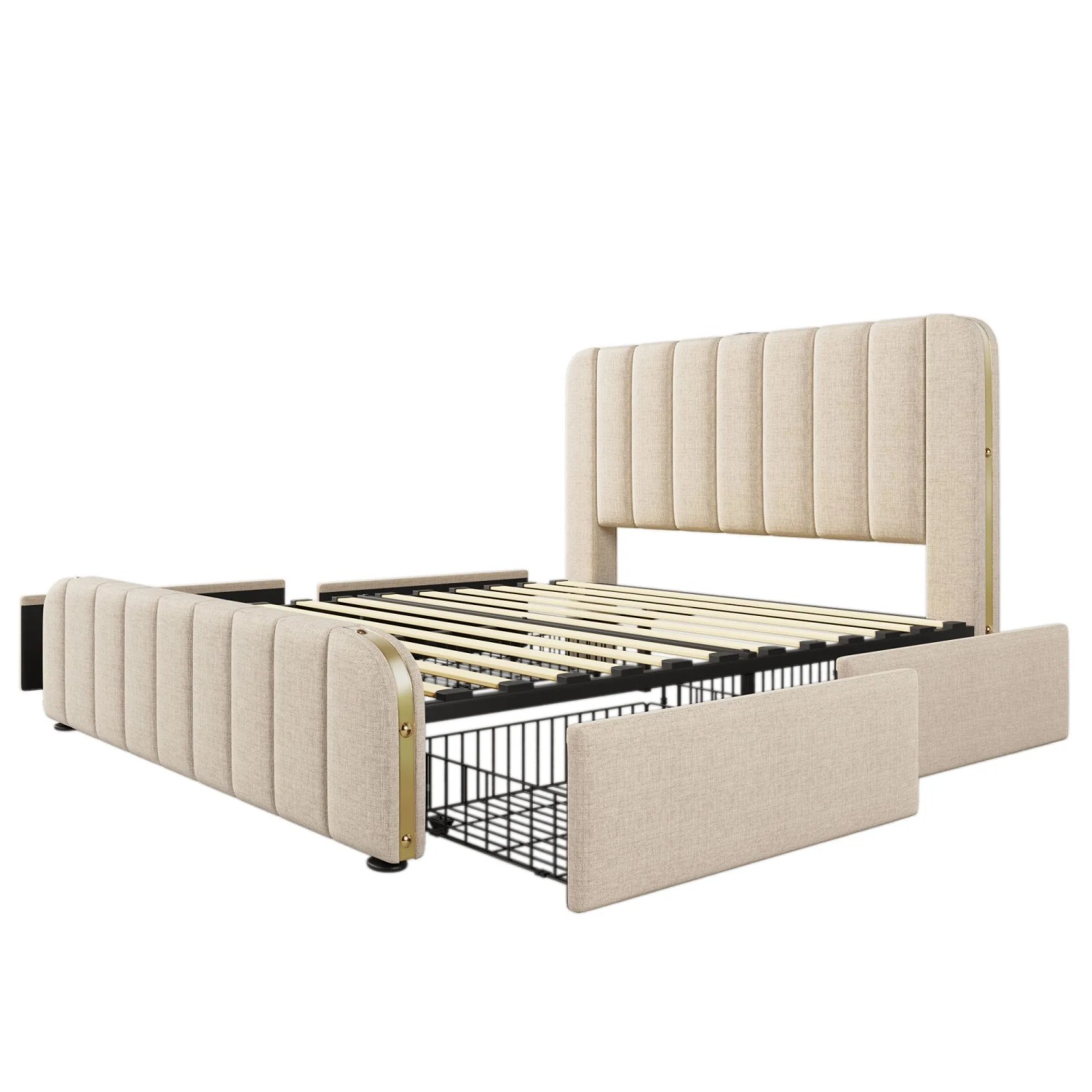 okwish Polsterbett 140×200 Einzelbett mit USB Type-C Ladefunktion und 4 Schubladen ohne Matratze