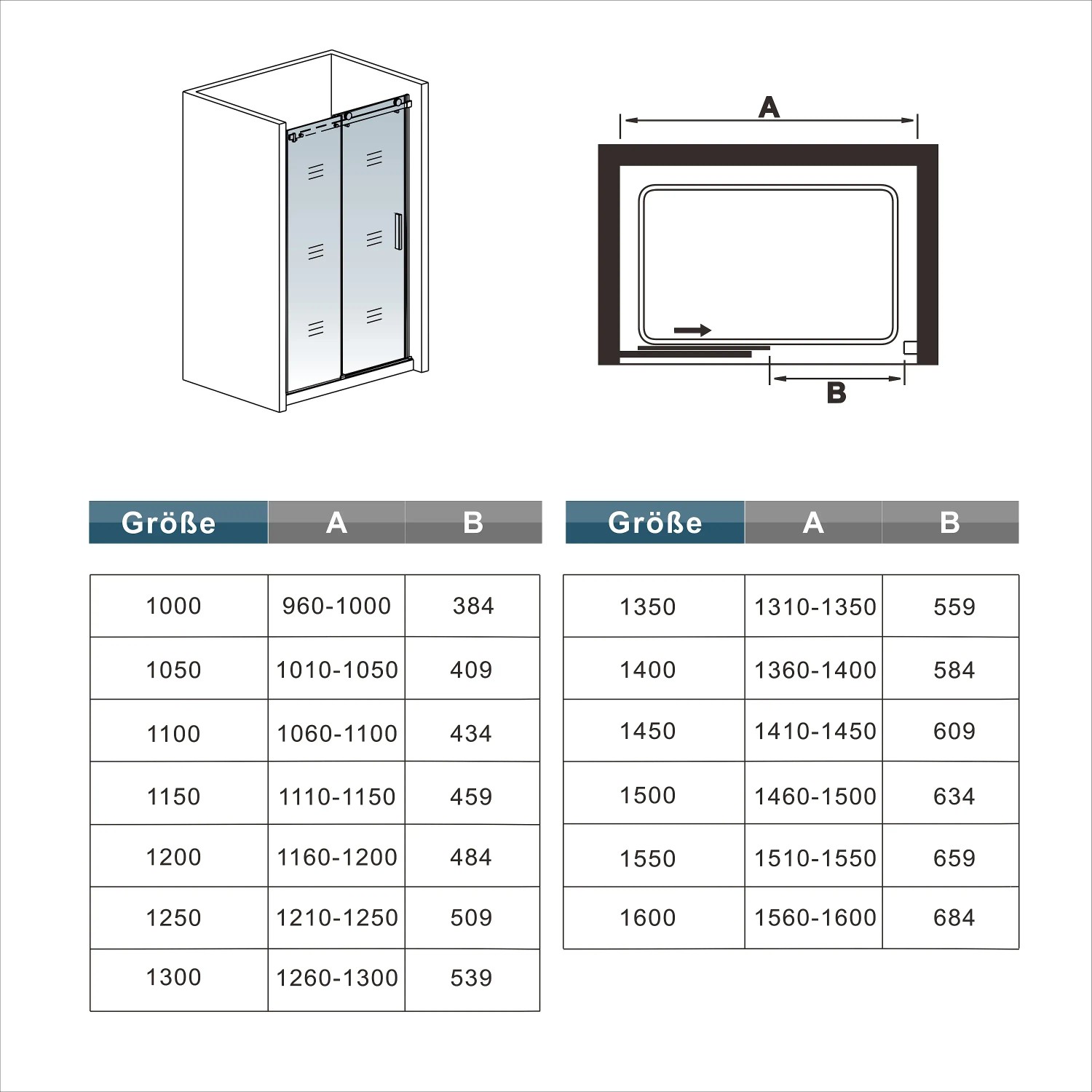 AICA Duschkabine 140x195cm mit Schiebetür, Maße und Details in Tabelle dargestellt.