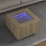 Quadratischer LED-Couchtisch Sonoma-Eiche mit Infinity-Spiegel und blauer Beleuchtung.