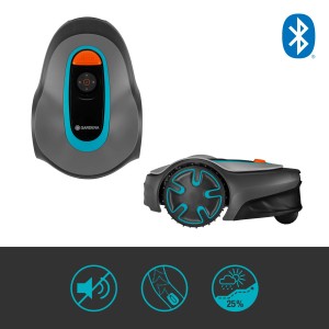 Gardena Sileno Minimo 500 Mähroboter, Ansicht von oben und Seite, grau/türkis, mit Bluetooth-Symbol.