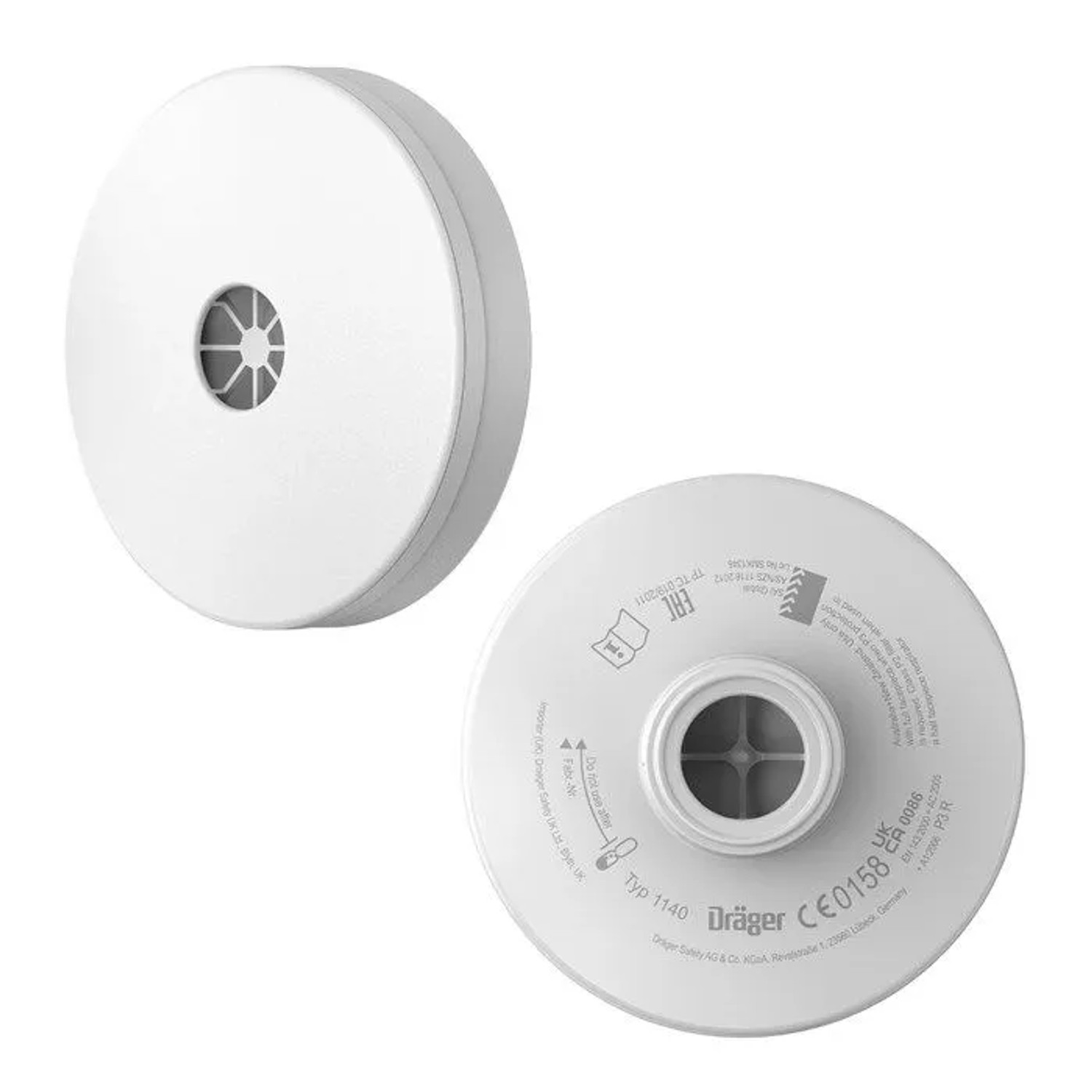 Weißer Dräger Atemschutz Partikelfilter 1140 P3 mit Rd40 Anschluss. Rundes Design, schützt vor Feinstaub und Partikeln.