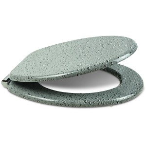 Sanfino WC-Sitz Gray Splash, Toilettendeckel aus Holz mit Absenkautomatik, graues Wassertropfen-Design.